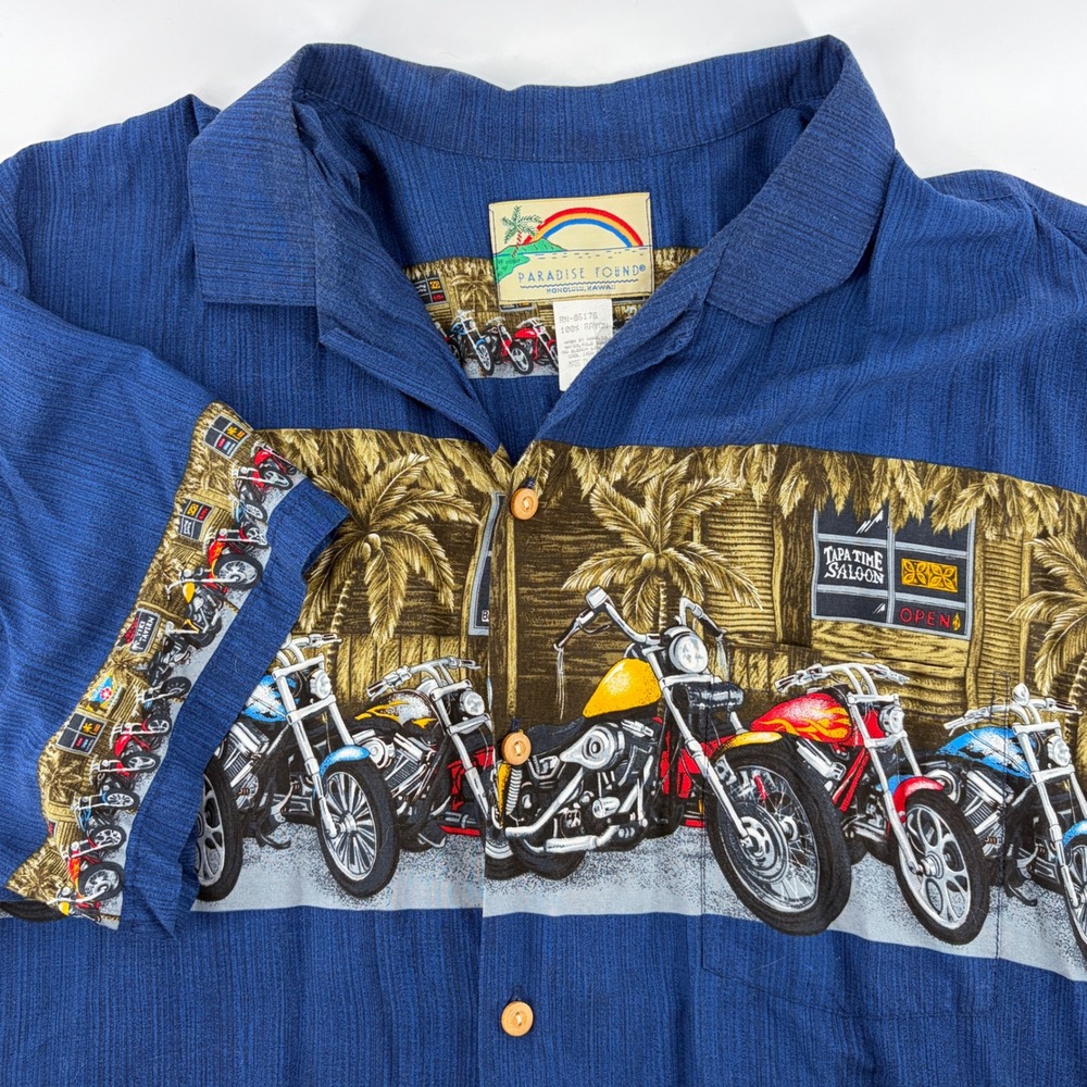 Vtg Paradise Found Shirt Mens XL Blue Rayon Motorcycle Tiki Tavern Hawaiian